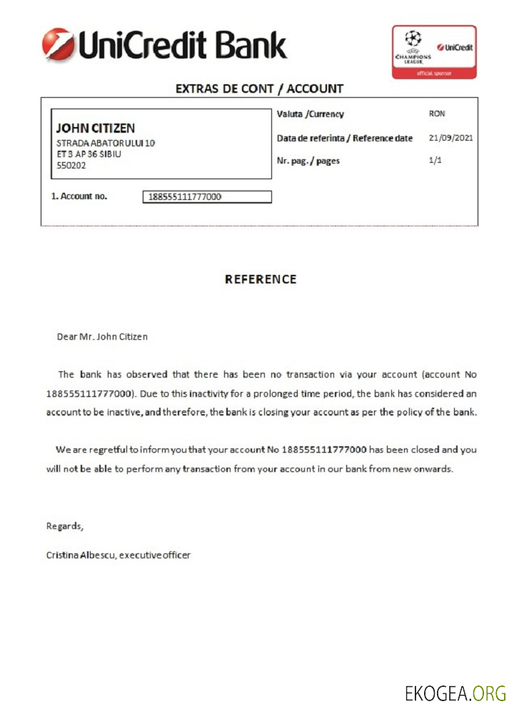 Roumanie , UniCredit bank , closure référence